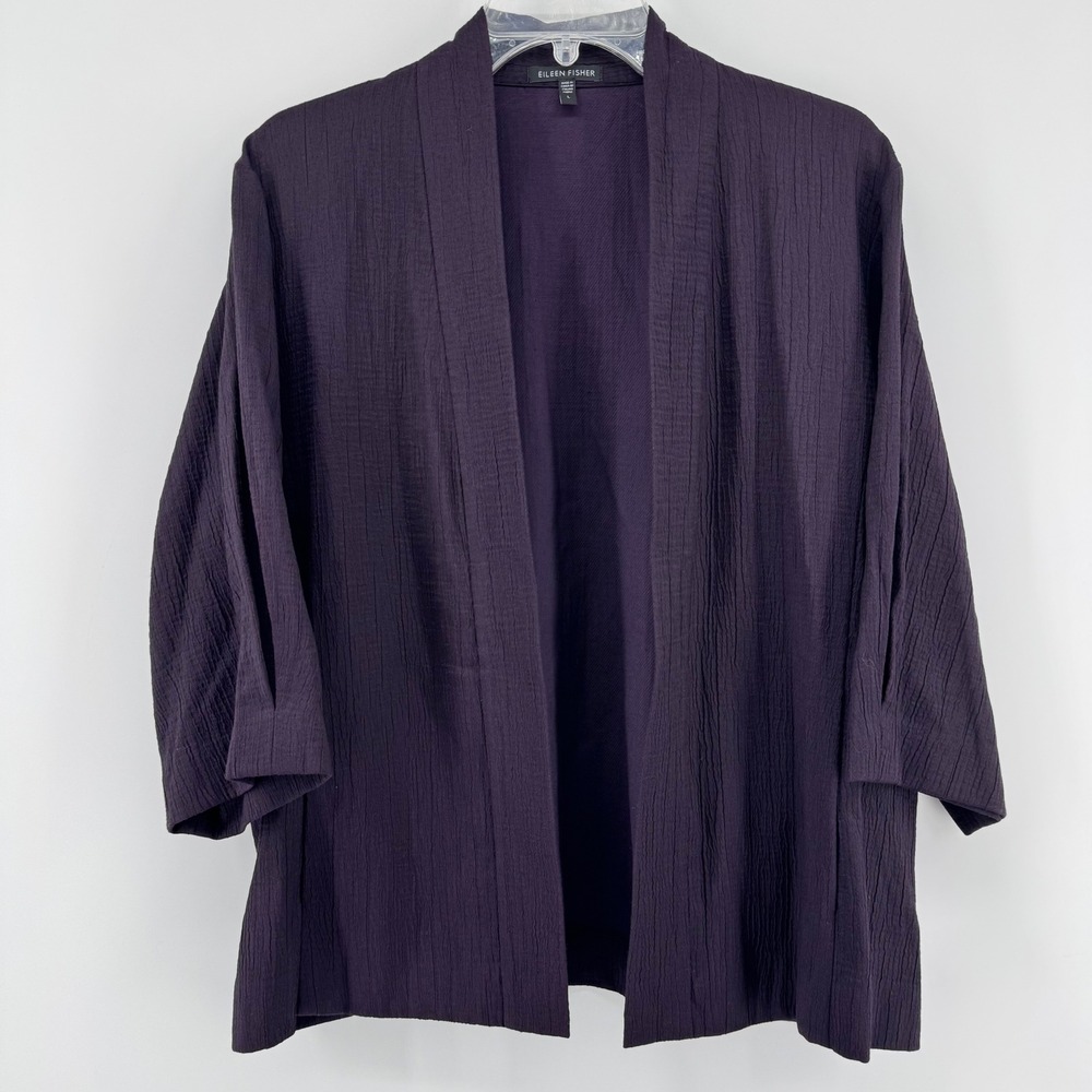 Eileen Fisher Cardigan Jacket Womens L Purple Open Front Textured Silk Blend